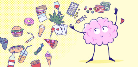 Cerveau entouré de substances psychoactives et comportements à risque d'addiction